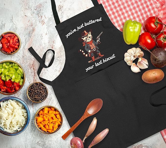 Funny Western Cat Baking Aprons with Pockets, Gifts for Bakers Women, Cat Lover Mom Dad Gifts Waterproof Adjustable Bib Apron for Kitchen Dishwashing Cooking Grilling Baking