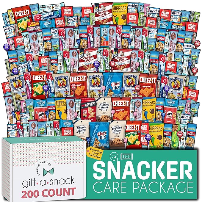 Gift A Snack - Holiday Christmas Stocking Stuffers, Snack Box Care Package Variety Pack + Greeting Card (200 Count) Xmas Birthday Sweet Treats Gift Basket, Candies Chips Crackers Bars