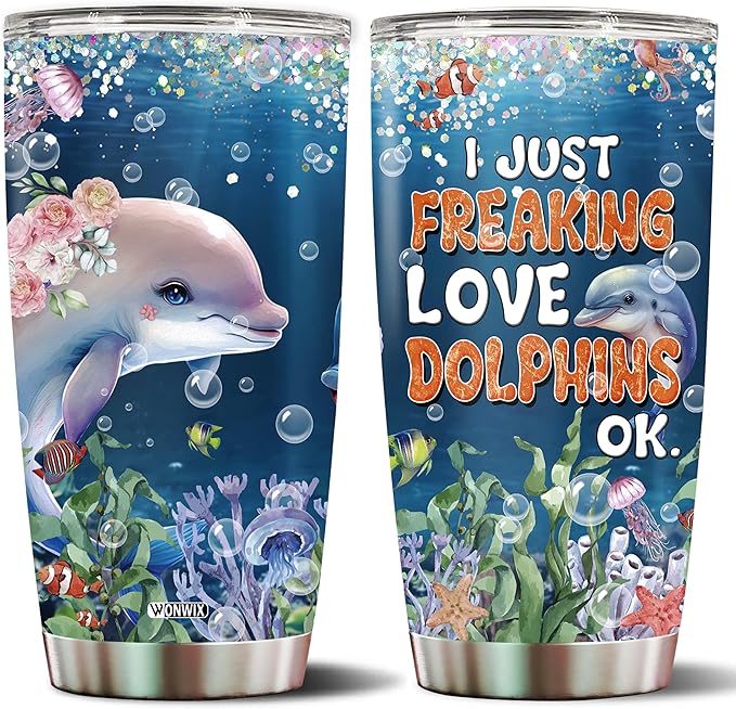 Dolphin Tumbler 20oz Cute Animal Gift for Women, Girls Who Freaking Love Dolphins Lovers Perfect Birthday Christmas Valentine Wife Daughter Mother Insulated Stainless Steel Coffee Cup with Lid