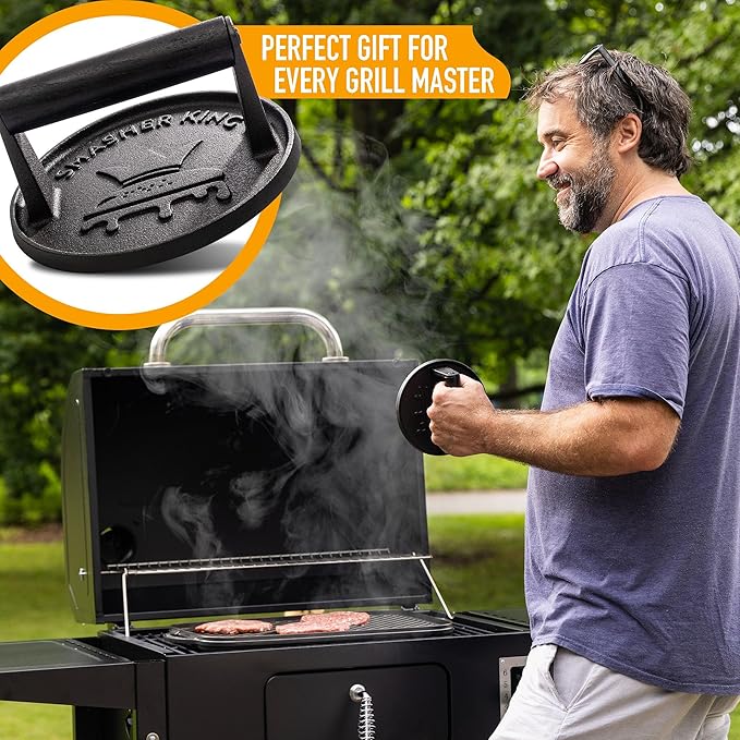 SMASHER KING™ - Premium Cast Iron Smash Burger Press incl. 25 pcs of Patty Paper, Burger Smasher for Griddle with Black Wood Handle, Perfect Hamburger Press