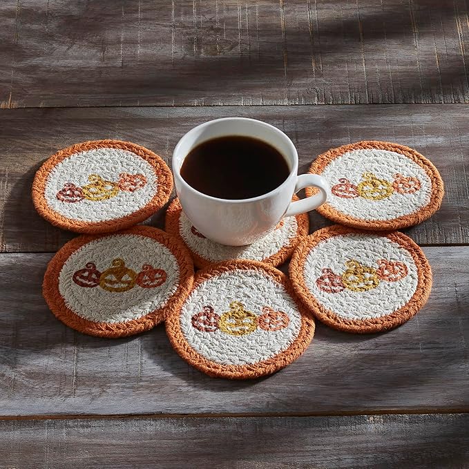 VHC Brands Country Halloween Stencil Braided Cotton Coaster Set of 6, Decorative Fall Coasters, Table Decor for Fall Thanksgiving and Halloween