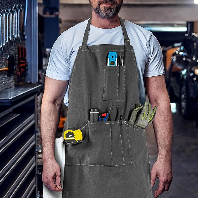 opux Chef Apron for Men, Kitchen Apron with Pockets for Women, Large Unisex Canvas Apron for Cooking Grilling BBQ Baking.