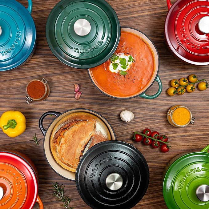 Cast Iron Dutch Oven with Lid – Non-Stick Ovenproof Enamelled Casserole Pot – Sturdy Dutch Oven Cookware – Dark Green, 5-Quart, 24cm – by Nuovva