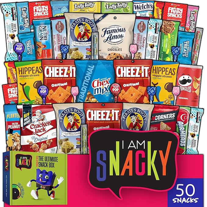 I AM Snacky - Holiday Christmas Stocking Stuffers, Snack Box Variety Pack Care Package + Greeting Card - SNACKY'S BLISS BITES (50 Count) Xmas Birthday Sweet Treats Gift Basket, Candies Chips