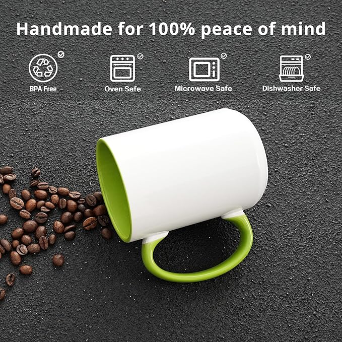 Ceramic 15oz White Sublimation Coffee Mug, 6 Assorted Colors of Black, Red, Blue, Yellow, Pink and Green, Case of 24