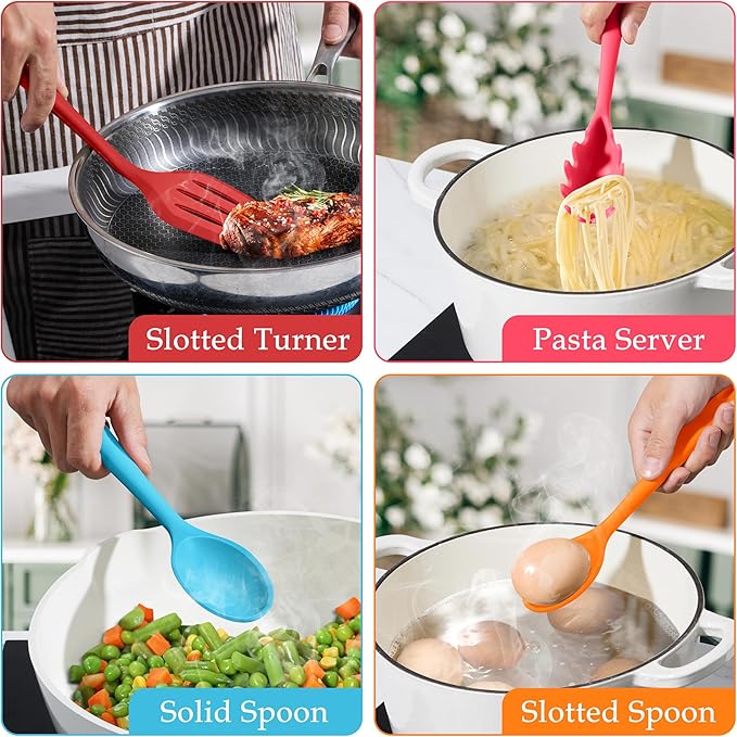 LIANYU 8Pcs Kitchen Cooking Utensils Set, Silicone Utensils Spatula Set, Heat Resistant Cooking Gadgets for Nonstick Cookware, Include Silicone Spoon, Turner, Spatula, Ladle, Multi-Color