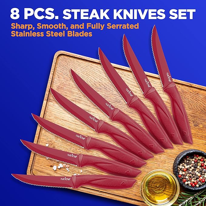 NutriChef SereneLife Stainless Steel Knife Set, 8 Pcs. - Non-Stick Coating, Sharp Serrated Blades, Professional Kitchen Set, Rust-Resistant, Dishwasher Safe, Ideal for BBQ & Grilling, Red