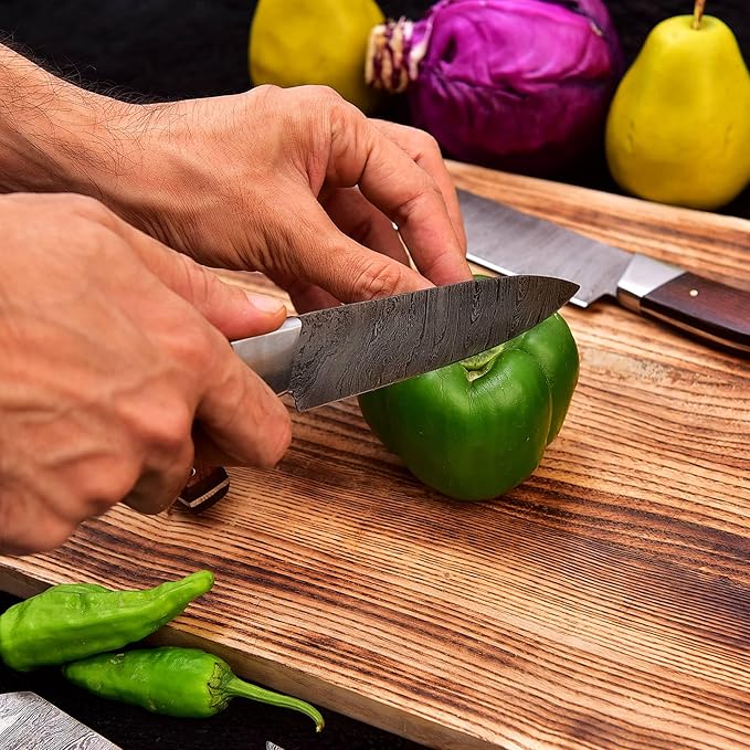 HM-(Brown) Custom Made Damascus Steel #6 Pcs of Professional Utility Kitchen knives Set Comes with Sweet Leather Roll Kit (3712)