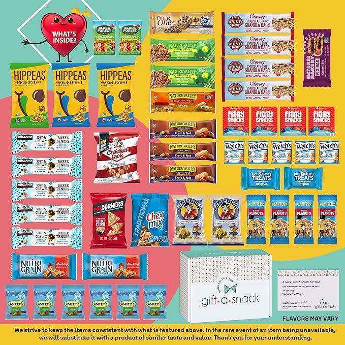 Gift A Snack - Holiday Christmas Stocking Stuffers, Healthy Snack Box Care Package + Greeting Card (50 Count) Xmas Birthday Treats Gift Basket, Nutritious Granola Breakfast Bars