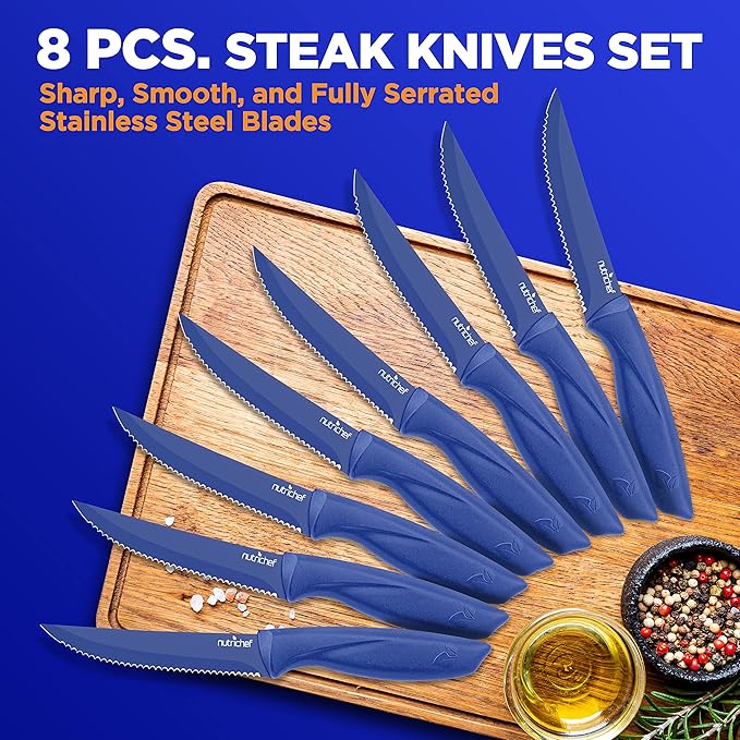 NutriChef SereneLife Stainless Steel Knife Set, 8 Pcs. - Non-Stick Coating, Sharp Serrated Blades, Professional Kitchen Set, Rust-Resistant, Dishwasher Safe, Ideal for BBQ & Grilling, Blue