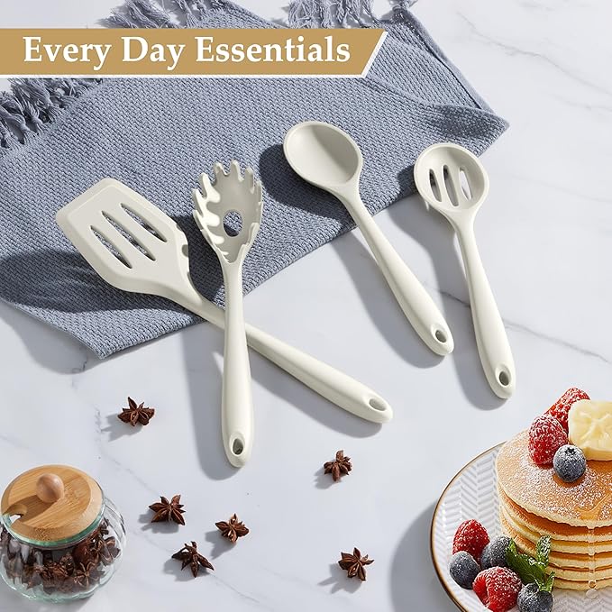 LIANYU 4Pcs Silicone Utensils, Kitchen Cooking Utensils Set, Kitchen Tools with Spoon, Turner, Pasta Server, Heat Resistant Cooking Gadgets for Non-stick Cookware, Dishwasher Safe, White