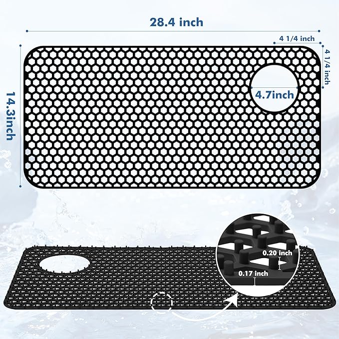 Silicone Sink Protectors for Kitchen Sink - 28.4"x 14.3" Kitchen Protector Accessory, Non-Slip Heat Resistant Mat for Bottom of Farmhouse Porcelain Stainless Steel(Top Right Drain Hole,Black)