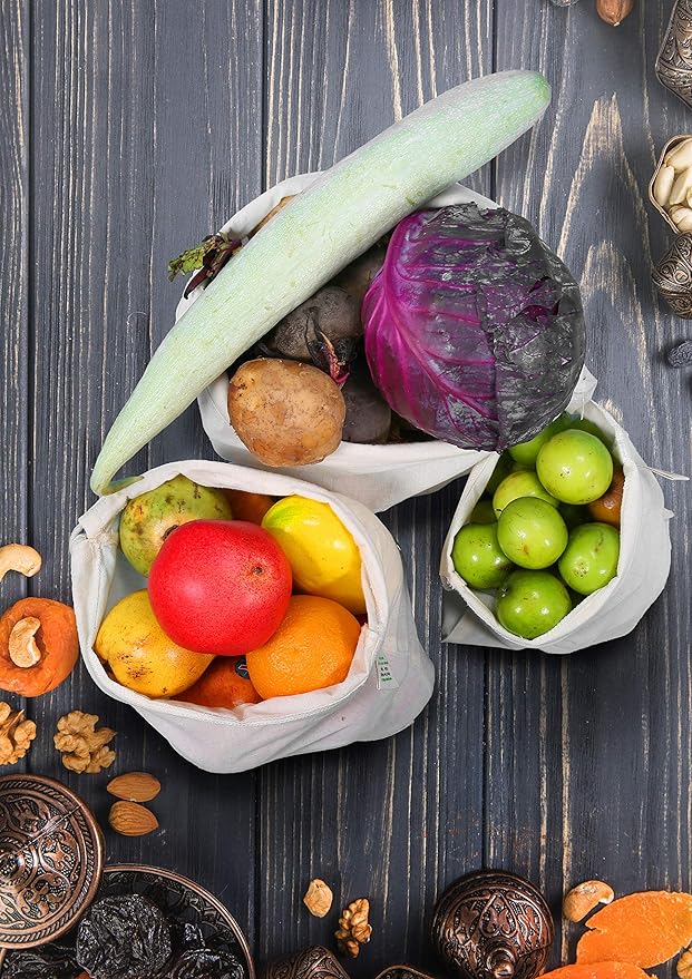 AMOUR INFINI Grocery Bags - Reusable Organic Cotton Food Safe Washable Produce Bags with Drawstrings - Set of 3 (Extra Large) Muslin Bags for Shopping, Vegetables & Fruits Shopping Bag