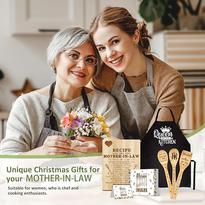 Mother in Law Gifts, Christmas Mother in Law Gifts from Daughter in Law, Step Mom/Bonus Mom Kitchen Present Wooden Cutting Board with Cooking Utensils Set with Apron Set