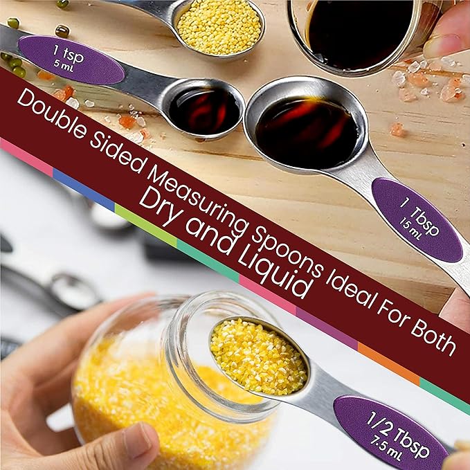 Magnetic Measuring Spoons Set of 9 Stainless Steel Dual-Sided Stackable Measuring Spoon Nesting Teaspoons Measuring Dry and Liquid Ingredients, Fits in Spice Jars Set of 9 (Purple)