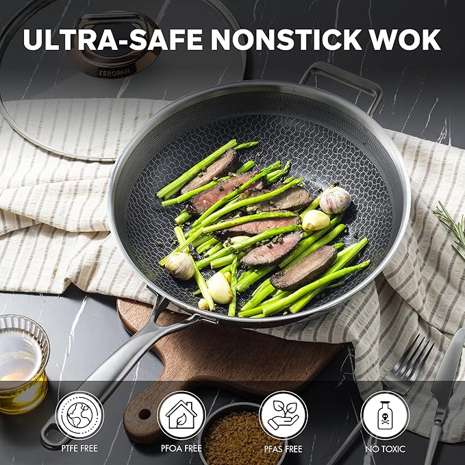 Hybrid 12-Inch Wok with Lid,Nonstick Stainless Steel Woks & Stir-fry pans,Wok Pan,PFAS PFOA PTFE Free,Dishwasher-Friendly,Oven-Safe Up to 600°F,Compatible with All Cooktops