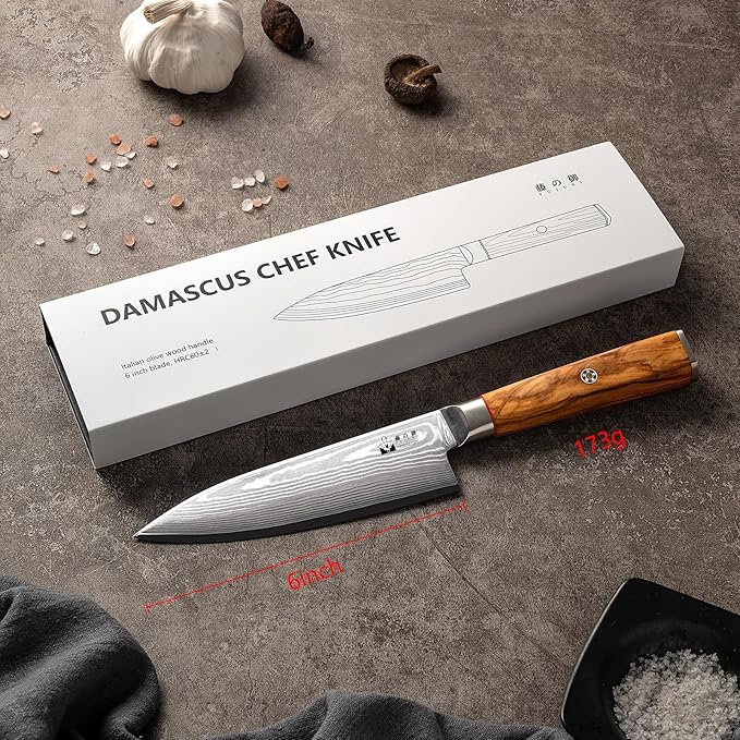 Chef Knife 6 inch Damascus Knife 67-Layer Damascus VG10 Steel- Olive Wood Handle - Razor Sharp Kitchen Knife with Exquisite Box