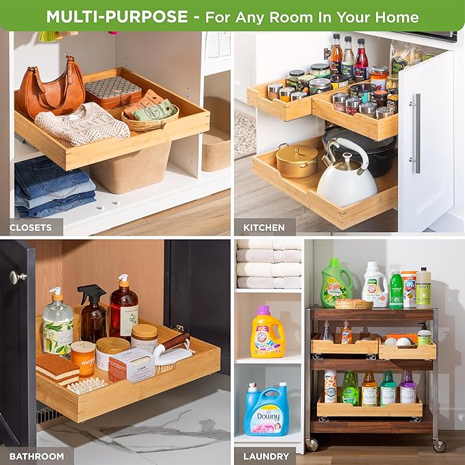 HOLD N’ STORAGE Heavy-Duty Premium Collection Pull Out Cabinet Organizer - Wooden Cabinet Drawer Slide Outs (Wood, 26 Inch)