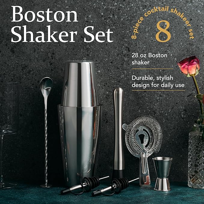 Boston Cocktail Shaker Set, 8-Piece Bartender Kit with 18oz & 28oz Shaker Strainer Muddler Jigger Mixing Spoon Pourers, Bar Accessories, Stainless Steel Martini Shaker, Bar Tools