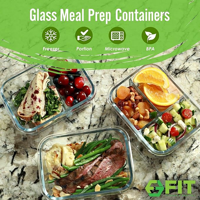FIT Strong & Healthy Meal Prep Containers Glass, 1 & 2 & 3 Compartments – Portion Control Bento Box Adult, Glass Lunch Containers with Lids, Oven & Freezer Safe Bento Box, 35 oz, Gray, 3 Pack