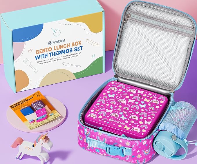 Fimibuke Kids Bento Lunch Box, Leakproof Toddler Bento Box with 8.5 OZ Insulated Food Jar, Lunch Bag, Kids Water Bottle, 3 or 4 Compartment Container for Back to School Toddler Girls Boys