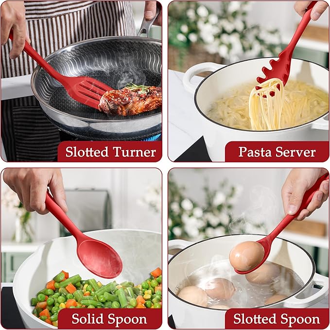 LIANYU 4Pcs Kitchen Utensils, Silicone Cooking Utensils Set, Heat Resistant Cooking Tools, Include Turner, Spoon, Pasta Server for Nonstick Cookware, Healthy & Dishwasher Safe, Red