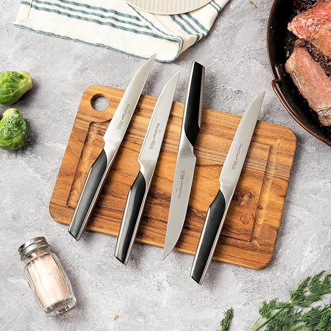 GRANDTIES FEINSTE Ultra Sharp Steak Knives Set of 4 – High Carbon German Stainless Steel, Non-Serrated, Full Tang – Premium Dinnerware Gift Set with Designed Gift Box