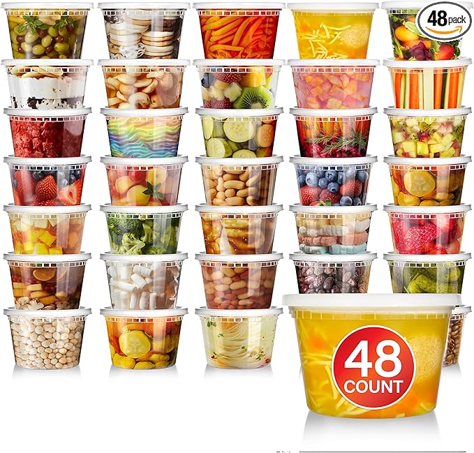 Stock Your Home 16oz Plastic Deli Containers with Lids (48 Pack), Disposable & Reusable Freezer Containers, To Go Soup Containers, Microwave Safe