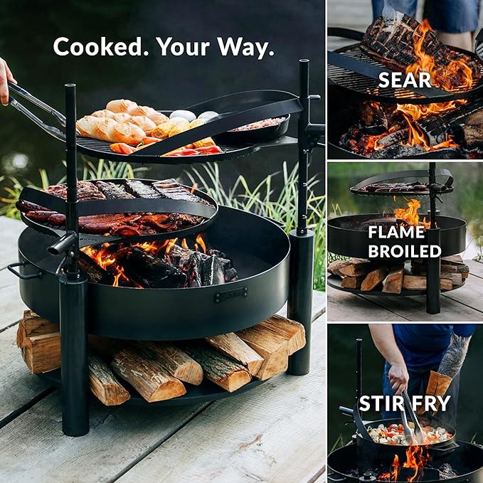 Grand Hearth 32" Cooking Fire Pit, Deluxe 3-in-1 Grill Plate, Griddle Skillet Set, Rods, Frying Pan Set, Backyard BBQ Grilling Campfire, Handcrafted, Large Outdoor Steel Firepit by Good Directions