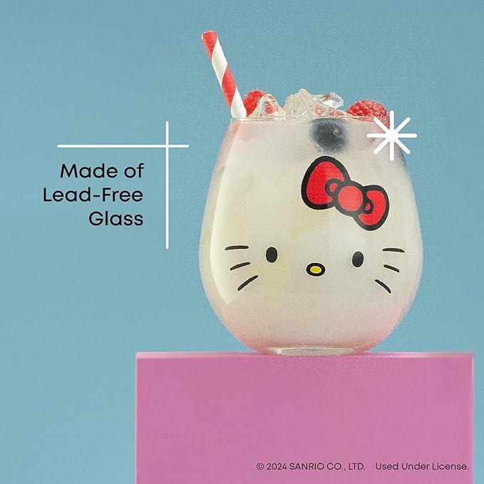 JoyJolt Sanrio Hello Kitty & Friends Hello Sippy Drinking Glasses, 15 oz Stemless Glass Cups Set of 4 ft Hello Kitty Keroppi My Melody Pompompurin, Cute Glasses for Water, Juice, Kawaii Tumbler