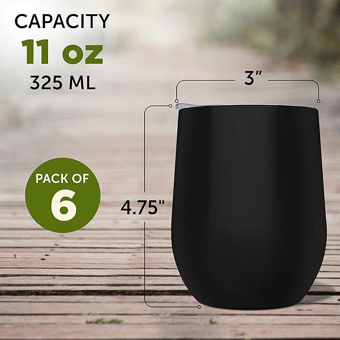 DISCOUNT PROMOS Stemless Wine Glass Tumblers with Lids by Largo 11 oz. Set of 6, Bulk Pack - Perfect for Wine, Cocktails, Other Hot & Cold Beverages - Black