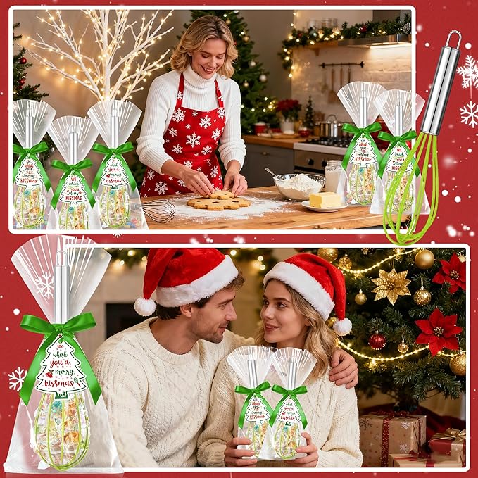12 Sets 10 Inch Christmas Whisk Baking Gifts, DIY Fillable Christmas Tree Ornaments, Xmas Colored Silicone Whisks for Xmas Employee Neighbor Cooking Supplies Xmas Stocking Stuffers Candy Holder