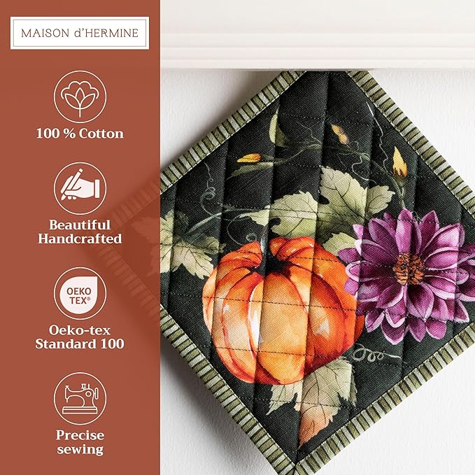 Maison d' Hermine Pot Holders 100% Cotton Heat Resistant Potholders 8" x 8" Hot Pads with Loop for Thanksgiving Christmas Decorations Baking Handling Hot Pans (Pack of 1, Pumpkin Garden - Dark Green)