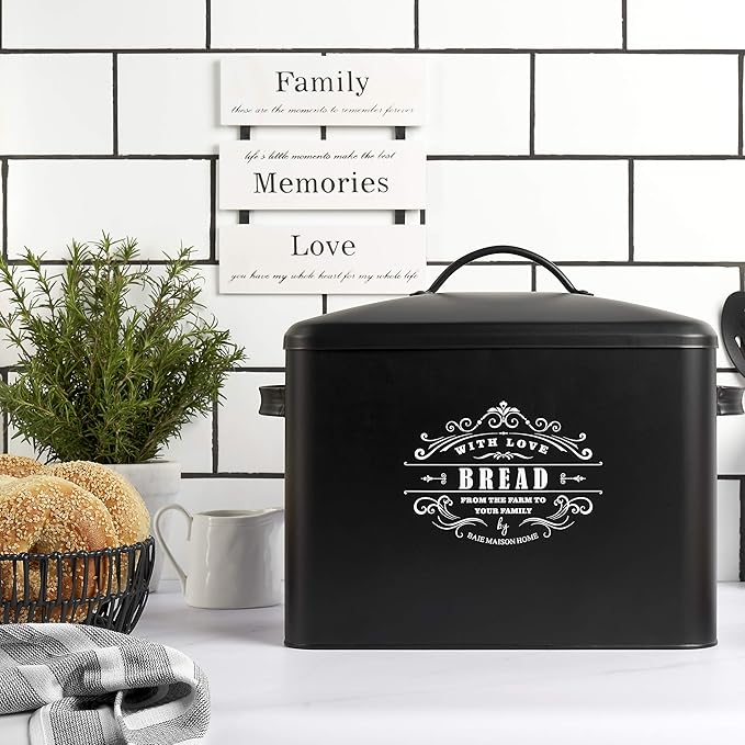 Baie Maison Extra Large Black Farmhouse Bread Box for Kitchen Countertop - Holds 2+ Loaves for All Your Bread Storage with Matching Large Kitchen Canisters Set of 3 - Coffee Tea Sugar Container Set