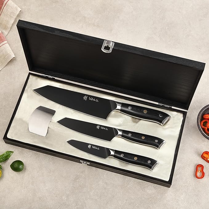 Wakoli Titanium Noir Kitchen Knife Set – 3-Piece Professional Kiritsuke Chef Knife Set | 5Cr15MoV Stainless Steel Blades with Black Titanium Coating | Ergonomic G10 Handles | Wooden Gift Box