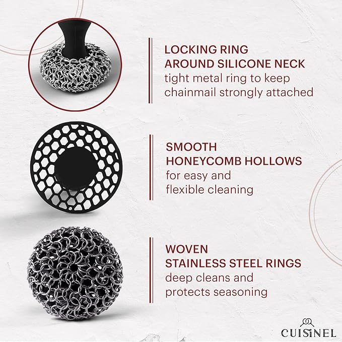 Cuisinel CAST IRON CHAINMAIL SCRUBBER AND PAN SCRAPER - ERGONOMIC DESIGN STAINLES
