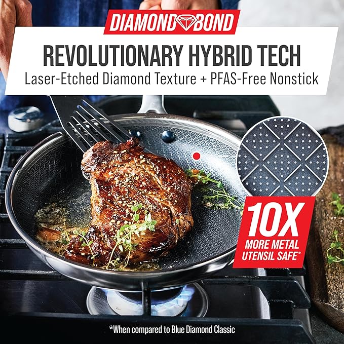 Blue Diamond Hybrid Nonstick Stainless Steel 8” Frying Pan, PFAS-Free Ceramic Skillet, Diamond Bond Powerful Searing, Dishwasher & Metal Utensil Safe, Stay-Cool Handle, Induction Ready, All Cooktops