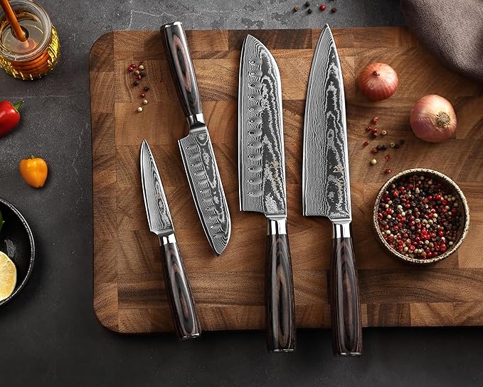 Wakoli EDIB Essentials 4-Piece Damascus Knife Set – Professional Kitchen Knives with VG10 Core, 67-Layer Damascus Steel Blades – Santoku, Chef, Small Santoku & Office Knife with Pakkawood Handles