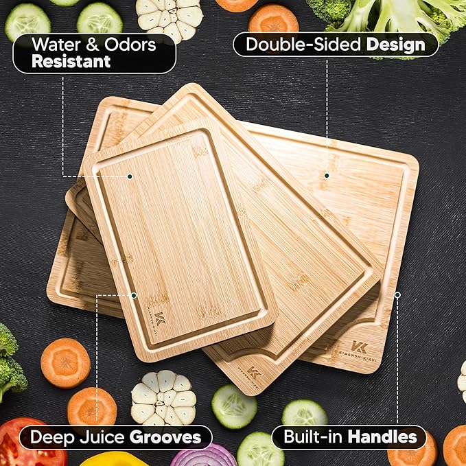 Wood Cutting Boards for Kitchen-Bamboo Cutting Board Set of 3, with Juice Grooves, Thick Chopping Board handles., Large, Natural