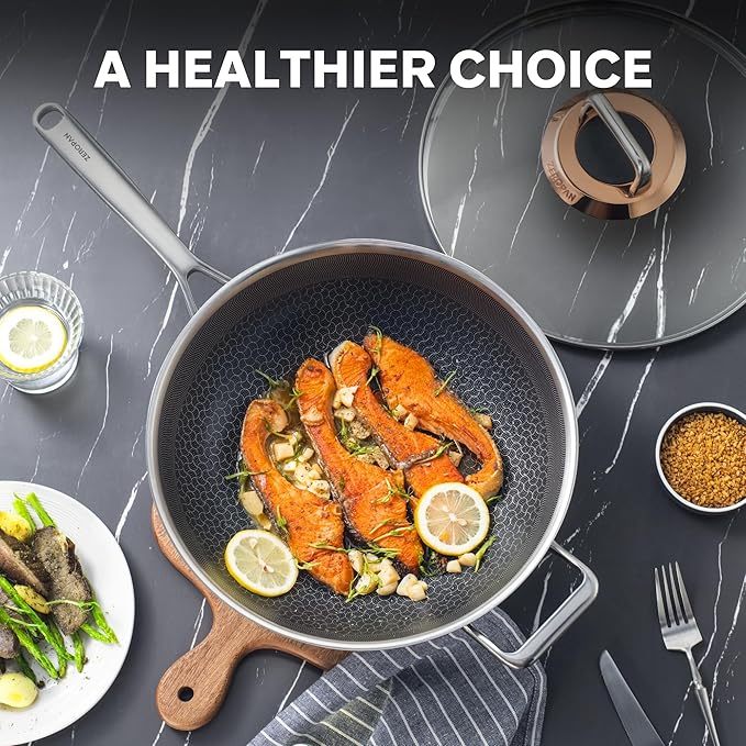 Hybrid 12-Inch Wok with Lid,Nonstick Stainless Steel Woks & Stir-fry pans,Wok Pan,PFAS PFOA PTFE Free,Dishwasher-Friendly,Oven-Safe Up to 600°F,Compatible with All Cooktops