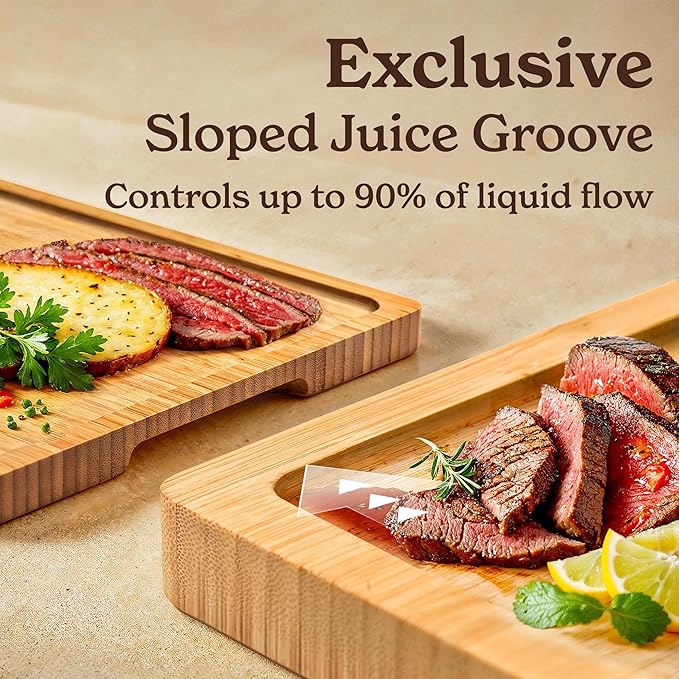 SMIRLY Bamboo Wooden Cutting Boards for Kitchen, Set of 2 Medium - Small, Bamboo Wood Cutting Board Set with Deep Juice Grooves, Non Toxic Serving Tray, House Warming Gifts
