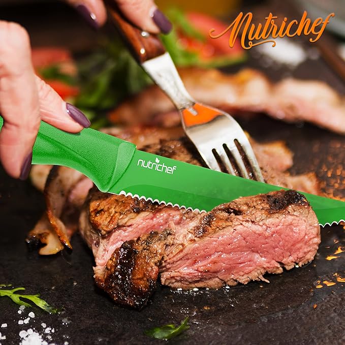 NutriChef SereneLife Stainless Steel Knife Set, 8 Pcs. - Non-Stick Coating, Sharp Serrated Blades, Professional Kitchen Set, Rust-Resistant, Dishwasher Safe, Ideal for BBQ & Grilling, Green
