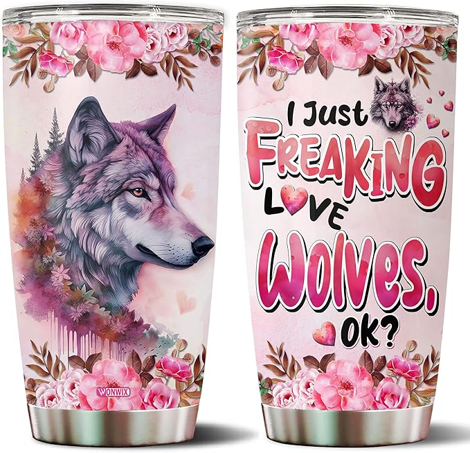 Wolf Tumbler 20oz Cute Animal Gift for Women, Girls Who Freaking Love Wolves Lovers Moon Flowers Perfect Birthday Christmas Valentine Wife Daughter Insulated Stainless Steel Coffee Cup with Lid