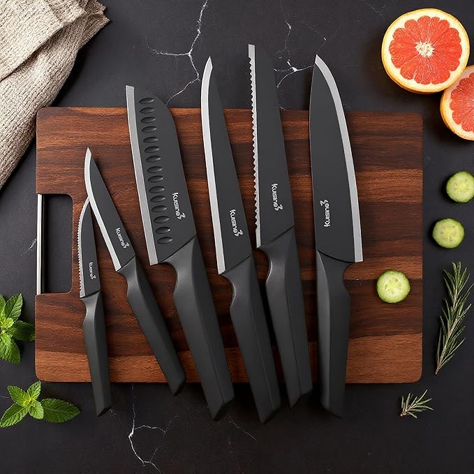 KUISINE Upgraded Chef Knife Set One Piece Molding High Carbon Stainless Steel,Super Sharp Blade Ergonomic Steel Handle,Knife Block Set with Built-in Sharpener(EX Black Pro,15PCS)
