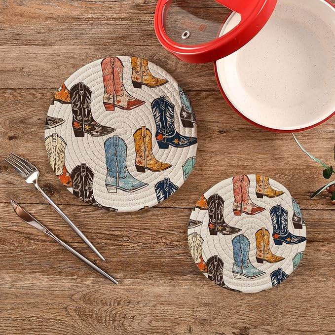 Cowboy Boots Kitchen Trivets Pot Holders Set of 2, Trivets for Hot Pots Dishes Woven Trivet Coaster Pad Mat for Counter