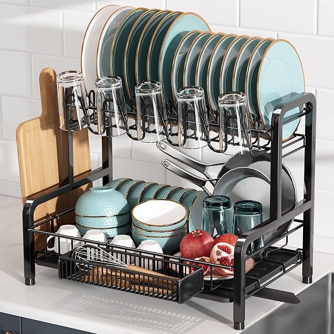 2 Tier Dish Drainers Drying Rack for Kitchen Counter Large Stainless Steel Dishes Drain with Drainboard, Space Saving, Big Modern Black Countertop Metal Plates Dryer Strainer Holder and Extra Tray