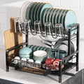2 Tier Dish Drainers Drying Rack for Kitchen Counter Large Stainless Steel Dishes Drain with Drainboard, Space Saving, Big Modern Black Countertop Metal Plates Dryer Strainer Holder and Extra Tray