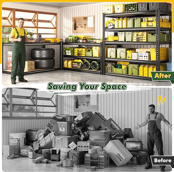 72.2" H Garage Shelves 2230LBS Storage Shelves, 5 Tier Adjustable Metal Shelving, Heavy Duty Shelving for Storage, Basement, Warehouse, Pantry, Kitchen, 35.5" W x 19.5" D x 72.2" H, Black, 2 Pack