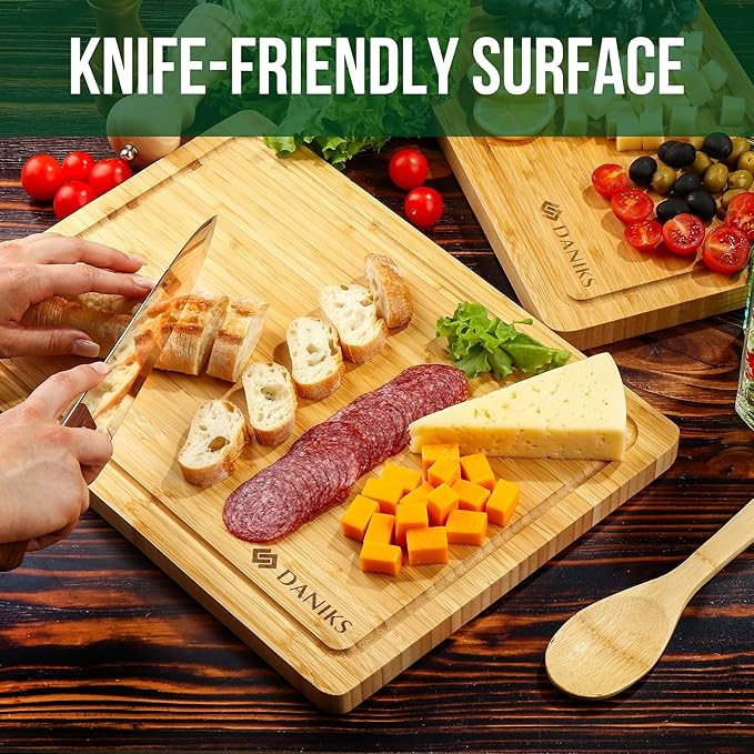 Daniks Bamboo Cutting Board, L 13x9 in, Pre‑Oiled, with Juice Groove – Cutting Board for Kitchen, Meal Prep, Serving & Charcuterie, Heavy-Duty