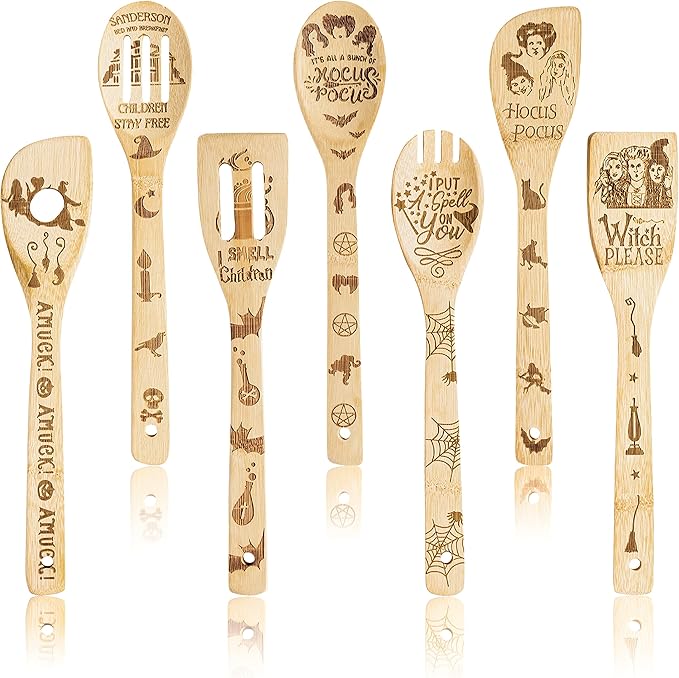 Eartim Halloween Wooden Cooking Utensil Set - 7Pcs Hocus Pocus Kitchen Cooking Gadget Natural Carve Bamboo Spoon Slotted Spatula Non-Stick Cookware Utensil Birthday Housewarming Gift Halloween Supply